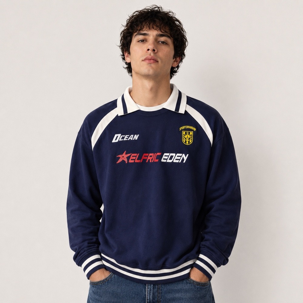 Aelfric Eden Mens Navy Blue Ocean Sportsmanship Polo Collar Sweatshirt Large